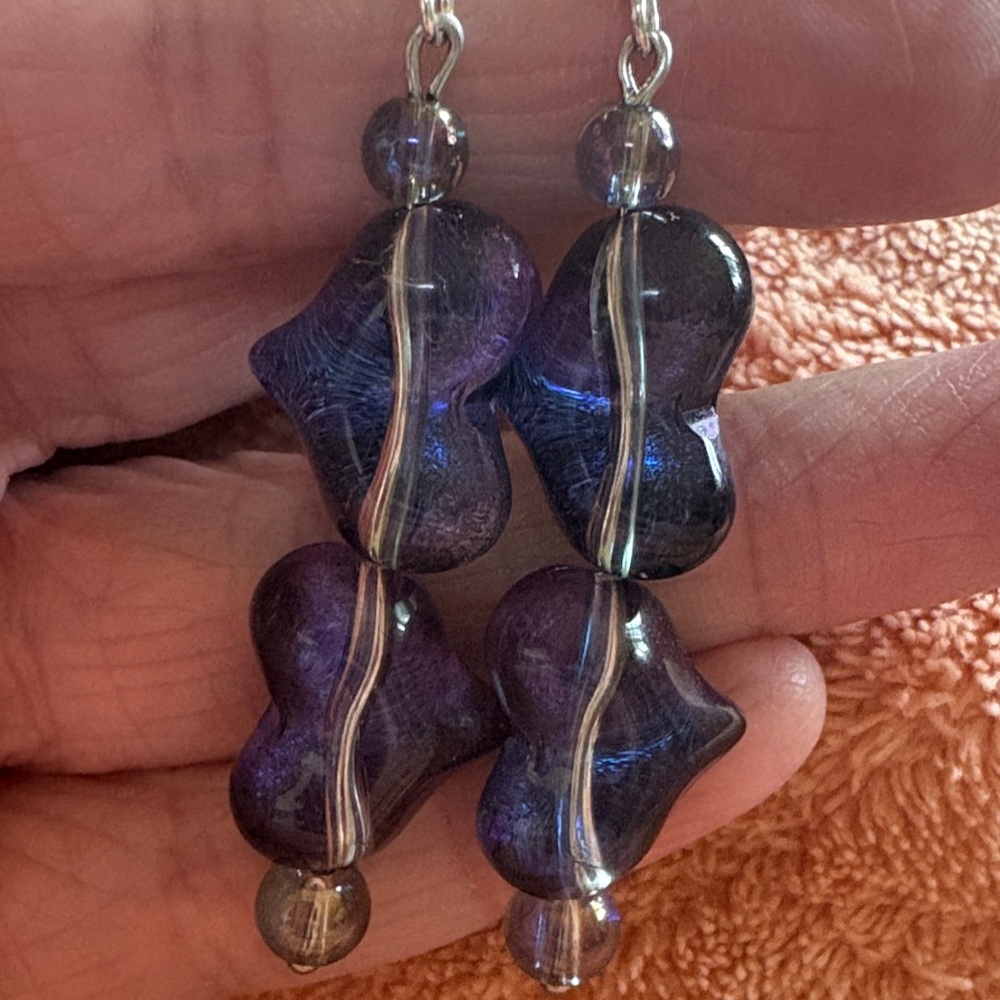 Hand Crafted Iridescent Purple Glass Dangle Earrings - Picture 2 of 2